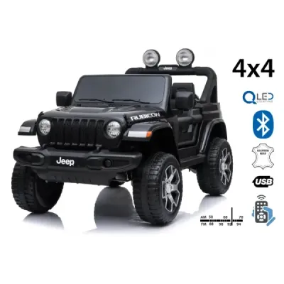 Elektrické autíčko Jeep Wrangler, Jednomístné, černé, Koženková sedadla, Rádio s Bluetooth přehrávačem, SD / USB vstup, Pohon 4x