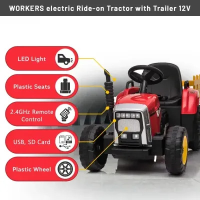 Elektrický Traktor Workers s vlečkou, červený