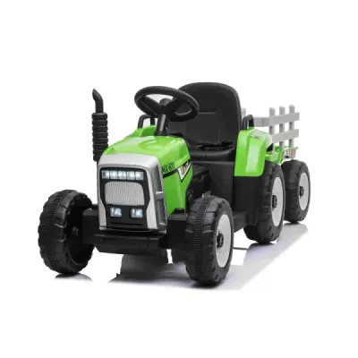 Elektrický Traktor Workers s vlečkou, zelený, Pohon zadních kol, 12V baterie, Plastová kola, široké sedadlo, 2,4 GHz Dálkový ovl