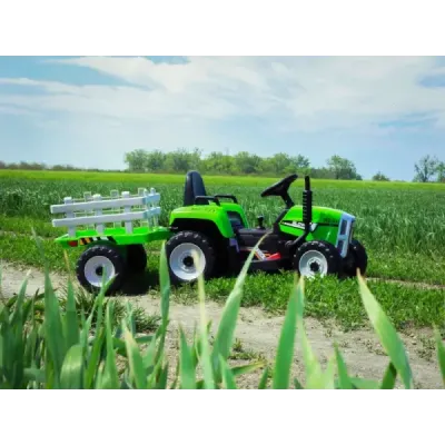 Elektrický Traktor Workers s vlečkou, zelený, Pohon zadních kol, 12V baterie, Plastová kola, široké sedadlo, 2,4 GHz Dálkový ovl