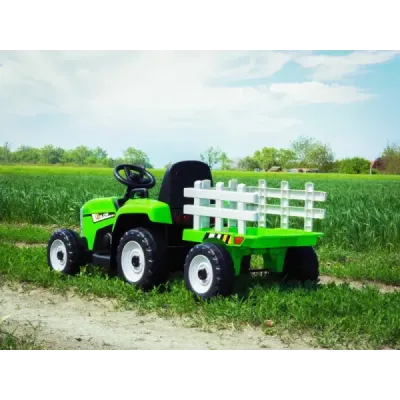 Elektrický Traktor Workers s vlečkou, zelený, Pohon zadních kol, 12V baterie, Plastová kola, široké sedadlo, 2,4 GHz Dálkový ovl