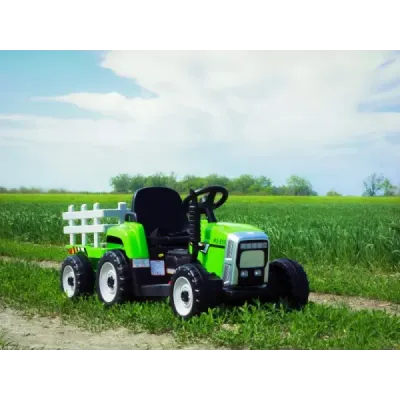 Elektrický Traktor Workers s vlečkou, zelený, Pohon zadních kol, 12V baterie, Plastová kola, široké sedadlo, 2,4 GHz Dálkový ovl