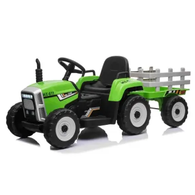 Elektrický Traktor Workers s vlečkou, zelený, Pohon zadních kol, 12V baterie, Plastová kola, široké sedadlo, 2,4 GHz Dálkový ovl