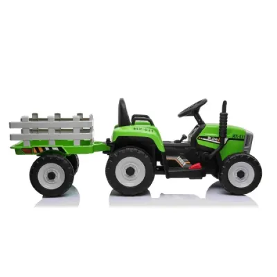 Elektrický Traktor Workers s vlečkou, zelený, Pohon zadních kol, 12V baterie, Plastová kola, široké sedadlo, 2,4 GHz Dálkový ovl