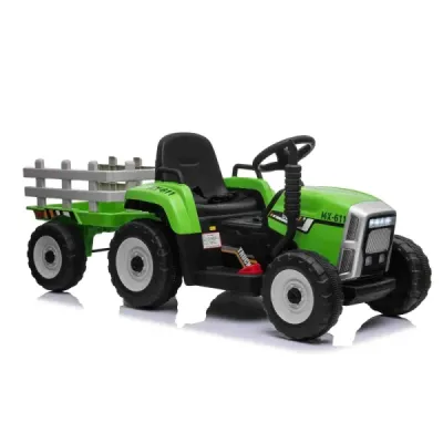 Elektrický Traktor Workers s vlečkou, zelený, Pohon zadních kol, 12V baterie, Plastová kola, široké sedadlo, 2,4 GHz Dálkový ovl
