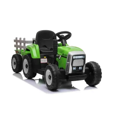 Elektrický Traktor Workers s vlečkou, zelený, Pohon zadních kol, 12V baterie, Plastová kola, široké sedadlo, 2,4 GHz Dálkový ovl