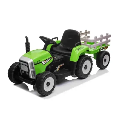 Elektrický Traktor Workers s vlečkou, zelený, Pohon zadních kol, 12V baterie, Plastová kola, široké sedadlo, 2,4 GHz Dálkový ovl