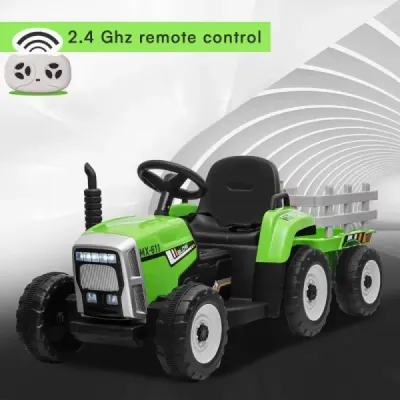 Elektrický Traktor Workers s vlečkou, zelený, Pohon zadních kol, 12V baterie, Plastová kola, široké sedadlo, 2,4 GHz Dálkový ovl