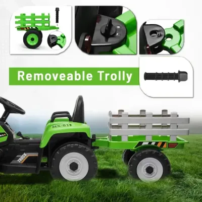 Elektrický Traktor Workers s vlečkou, zelený, Pohon zadních kol, 12V baterie, Plastová kola, široké sedadlo, 2,4 GHz Dálkový ovl