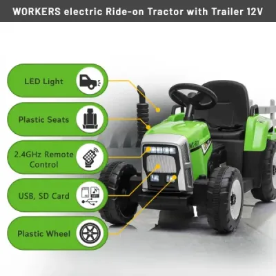 Elektrický Traktor Workers s vlečkou, zelený, Pohon zadních kol, 12V baterie, Plastová kola, široké sedadlo, 2,4 GHz Dálkový ovl