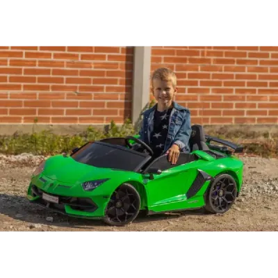 Elektrické autíčko Lamborghini Aventador 24V Dvoumístné, Zelené lakované, 2,4 GHz DO, Měkké PU Sedadla, LCD Displej, odpružení, 