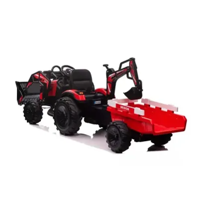 Elektrický traktor TOP-WORKER 12V s naběračkami a přívěsem, Jednomístné, červené, 2,4Ghz Dálkové ovládání, měkké PU sedadlo, MP3