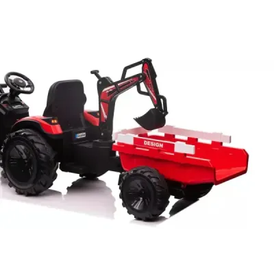 Elektrický traktor TOP-WORKER 12V s naběračkami a přívěsem, Jednomístné, červené, 2,4Ghz Dálkové ovládání, měkké PU sedadlo, MP3