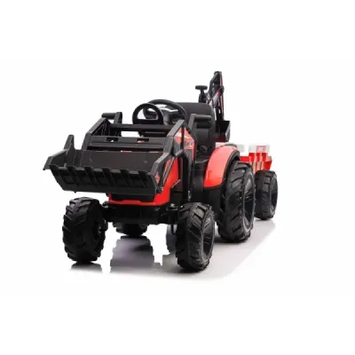 Elektrický traktor TOP-WORKER 12V s naběračkami a přívěsem, Jednomístné, červené, 2,4Ghz Dálkové ovládání, měkké PU sedadlo, MP3