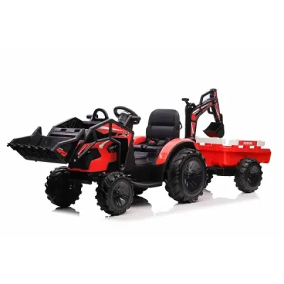 Elektrický traktor TOP-WORKER 12V s naběračkami a přívěsem, Jednomístné, červené, 2,4Ghz Dálkové ovládání, měkké PU sedadlo, MP3