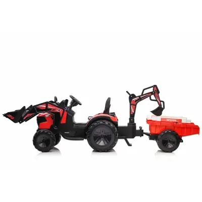 Elektrický traktor TOP-WORKER 12V s naběračkami a přívěsem, Jednomístné, červené, 2,4Ghz Dálkové ovládání, měkké PU sedadlo, MP3