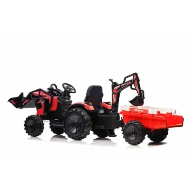 Elektrický traktor TOP-WORKER 12V s naběračkami a přívěsem, Jednomístné, červené, 2,4Ghz Dálkové ovládání, měkké PU sedadlo, MP3