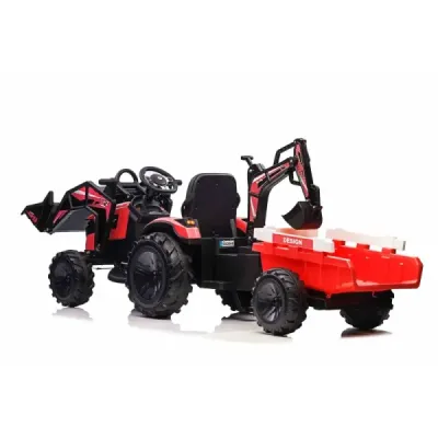 Elektrický traktor TOP-WORKER 12V s naběračkami a přívěsem, Jednomístné, červené, 2,4Ghz Dálkové ovládání, měkké PU sedadlo, MP3