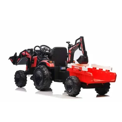 Elektrický traktor TOP-WORKER 12V s naběračkami a přívěsem, Jednomístné, červené, 2,4Ghz Dálkové ovládání, měkké PU sedadlo, MP3