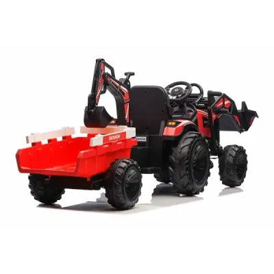Elektrický traktor TOP-WORKER 12V s naběračkami a přívěsem, Jednomístné, červené, 2,4Ghz Dálkové ovládání, měkké PU sedadlo, MP3