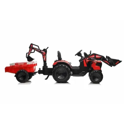 Elektrický traktor TOP-WORKER 12V s naběračkami a přívěsem, Jednomístné, červené, 2,4Ghz Dálkové ovládání, měkké PU sedadlo, MP3