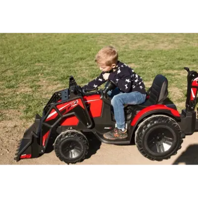 Elektrický traktor TOP-WORKER 12V s naběračkami a přívěsem, Jednomístné, červené, 2,4Ghz Dálkové ovládání, měkké PU sedadlo, MP3