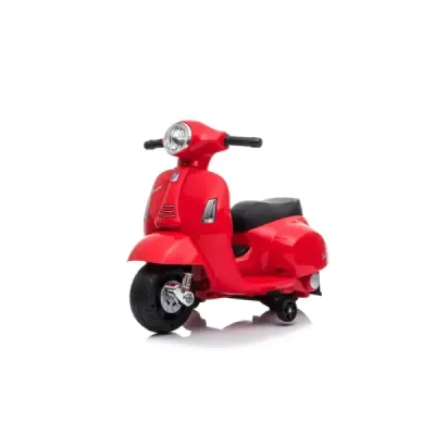 Elektrická motorka Vespa GTS, červené, s pomocnými koly, Licencované, 6V Baterie, Koženkové sedátko, 30W motor