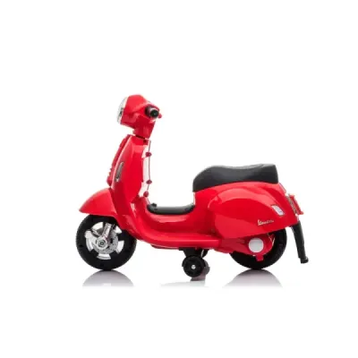 Elektrická motorka Vespa GTS, červené, s pomocnými koly, Licencované, 6V Baterie, Koženkové sedátko, 30W motor