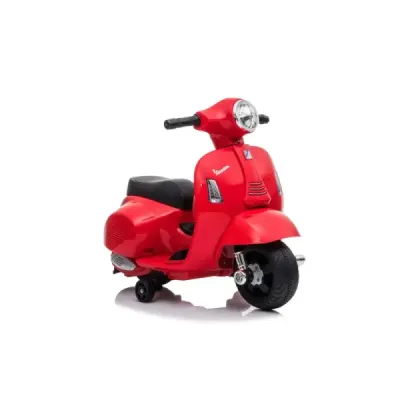 Elektrická motorka Vespa GTS, červené, s pomocnými koly, Licencované, 6V Baterie, Koženkové sedátko, 30W motor