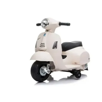 Elektrická motorka Vespa GTS, bílé, s pomocnými koly, Licencované, Lithiová baterie, Koženkové sedátko, 30W motor