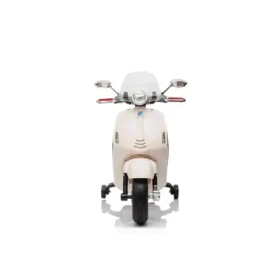 Elektrická motorka Vespa 946 i se zpětným chodem, bílé, s pomocnými koly, Licencované, Lithiová baterie, 2x 30W Motor, Koženkové