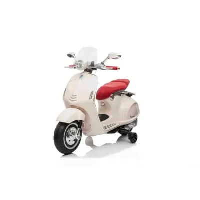 Elektrická motorka Vespa 946 i se zpětným chodem, bílé, s pomocnými koly, Licencované, Lithiová baterie, 2x 30W Motor, Koženkové