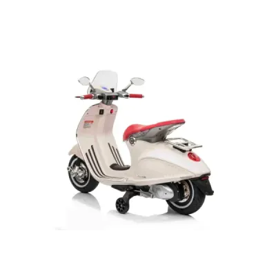 Elektrická motorka Vespa 946 i se zpětným chodem, bílé, s pomocnými koly, Licencované, Lithiová baterie, 2x 30W Motor, Koženkové
