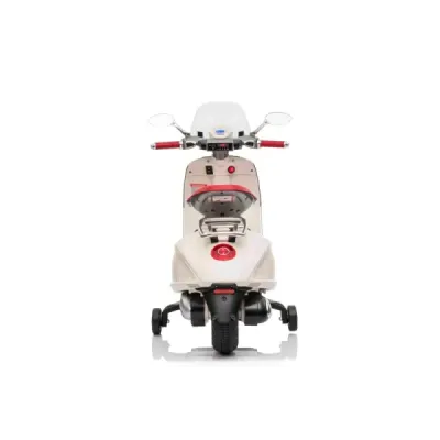 Elektrická motorka Vespa 946 i se zpětným chodem, bílé, s pomocnými koly, Licencované, Lithiová baterie, 2x 30W Motor, Koženkové