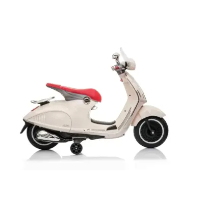 Elektrická motorka Vespa 946 i se zpětným chodem, bílé, s pomocnými koly, Licencované, Lithiová baterie, 2x 30W Motor, Koženkové