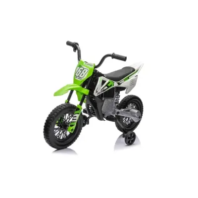 Elektrická Motorka MOTOCROSS, Zelená, 12V baterie, EVA měkká kola, Koženkové sedátko, 2 x 25W Motor, Odpružení, Kovový rám, MP3 