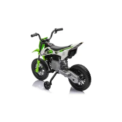 Elektrická Motorka MOTOCROSS, Zelená, 12V baterie, EVA měkká kola, Koženkové sedátko, 2 x 25W Motor, Odpružení, Kovový rám, MP3 