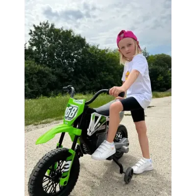 Elektrická Motorka MOTOCROSS, Zelená, 12V baterie, EVA měkká kola, Koženkové sedátko, 2 x 25W Motor, Odpružení, Kovový rám, MP3 