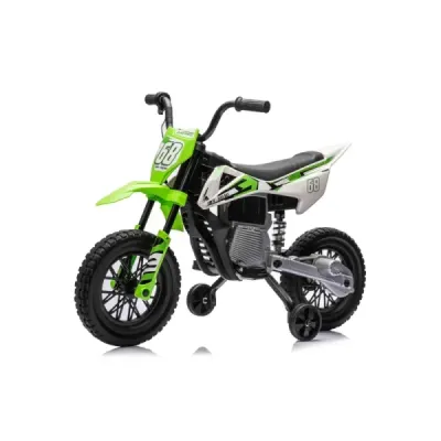 Elektrická Motorka MOTOCROSS, Zelená, 12V baterie, EVA měkká kola, Koženkové sedátko, 2 x 25W Motor, Odpružení, Kovový rám, MP3 