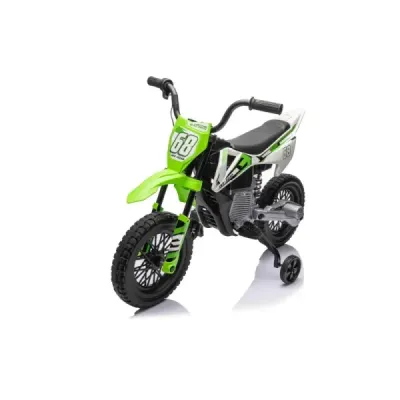 Elektrická Motorka MOTOCROSS, Zelená, 12V baterie, EVA měkká kola, Koženkové sedátko, 2 x 25W Motor, Odpružení, Kovový rám, MP3 