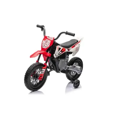 Elektrická Motorka MOTOCROSS, červená, 12V baterie, EVA měkká kola, Koženkové sedátko, 2 x 25W Motor, Odpružení, Kovový rám, MP3