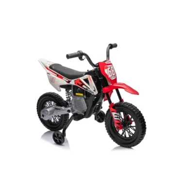 Elektrická Motorka MOTOCROSS, červená, 12V baterie, EVA měkká kola, Koženkové sedátko, 2 x 25W Motor, Odpružení, Kovový rám, MP3