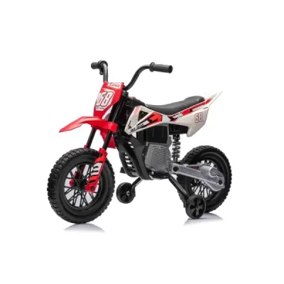 Elektrická Motorka MOTOCROSS, červená, 12V baterie, EVA měkká kola, Koženkové sedátko, 2 x 25W Motor, Odpružení, Kovový rám, MP3