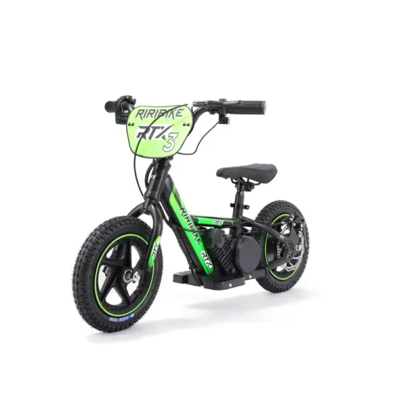 Dětské elektrické odrážedlo RIRIBIKE RTX3 24V (12”), zelené, Lithiová baterie, 100W motor, Kotoučová brzda, Nastavitelné měkké P