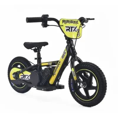 Dětské elektrické odrážedlo RIRIBIKE RTX3 24V (12”), žluté, Lithiová baterie, 100W motor, Kotoučová brzda, Nastavitelné měkké PU