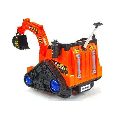 Elektrický bagr s 2.4G DO, elektrickou lžící, vodící tyčí, USB, Mp3, osvětlenými koly, plynulým rozjezdem, 12V, oranžový