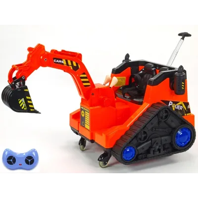 Elektrický bagr s 2.4G DO, elektrickou lžící, vodící tyčí, USB, Mp3, osvětlenými koly, plynulým rozjezdem, 12V, oranžový