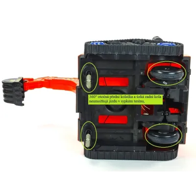 Elektrický bagr s 2.4G DO, elektrickou lžící, vodící tyčí, USB, Mp3, osvětlenými koly, plynulým rozjezdem, 12V, oranžový